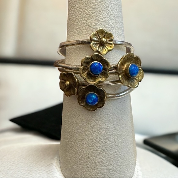 Beautiful 925 Sterling Silver Flower Lapis Two Tone Multi-Ring (5) - Picture 1 of 9